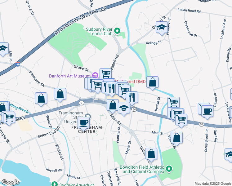 map of restaurants, bars, coffee shops, grocery stores, and more near 33 Edgell Road in Framingham