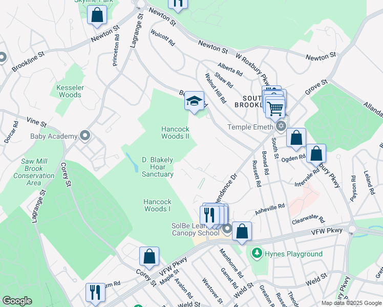 map of restaurants, bars, coffee shops, grocery stores, and more near 194 Gerry Road in Brookline