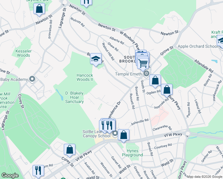 map of restaurants, bars, coffee shops, grocery stores, and more near 149 Gerry Road in Brookline