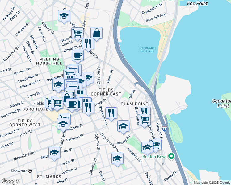 map of restaurants, bars, coffee shops, grocery stores, and more near 24 Park Street in Boston