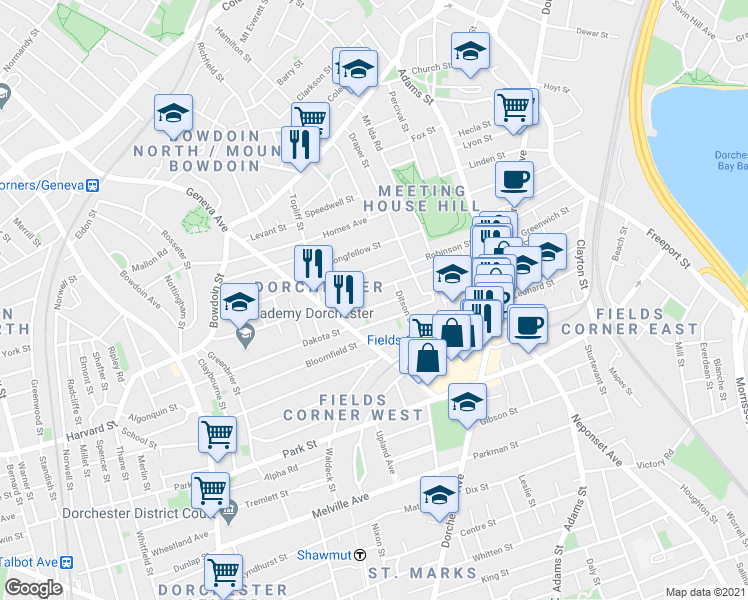 map of restaurants, bars, coffee shops, grocery stores, and more near 188 Westville Street in Boston