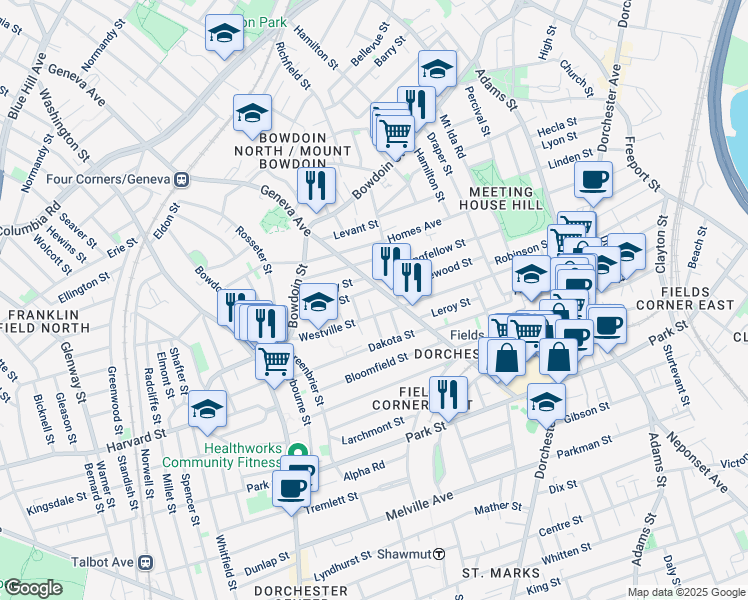 map of restaurants, bars, coffee shops, grocery stores, and more near 379 Geneva Avenue in Boston