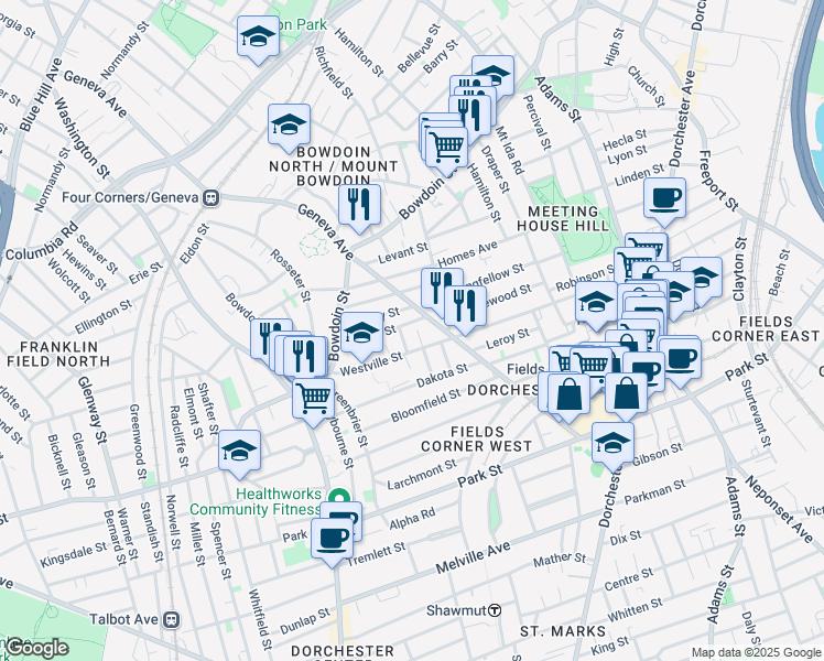map of restaurants, bars, coffee shops, grocery stores, and more near 379 Geneva Avenue in Boston