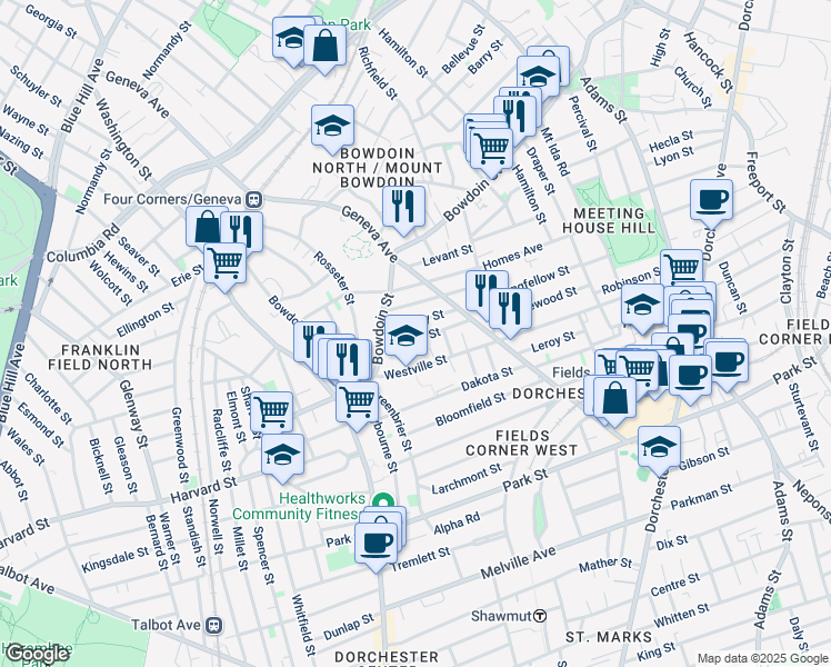 map of restaurants, bars, coffee shops, grocery stores, and more near 23 Oakley Street in Boston