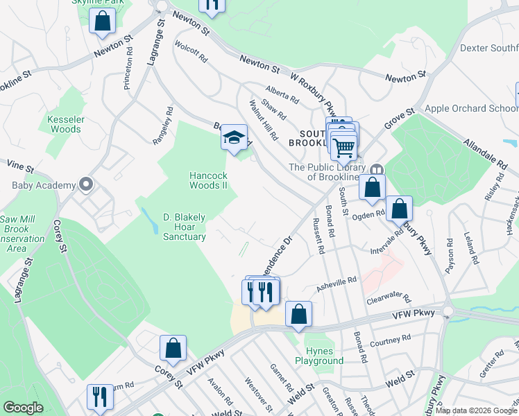 map of restaurants, bars, coffee shops, grocery stores, and more near 149 Gerry Road in Brookline