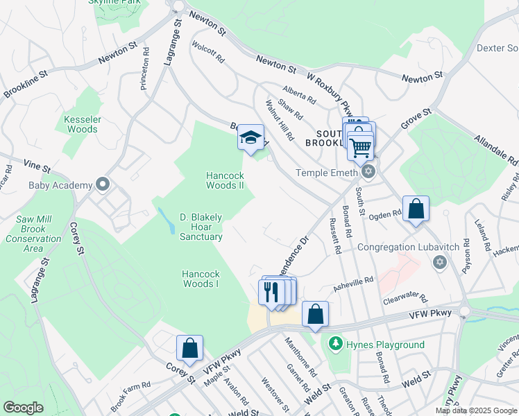 map of restaurants, bars, coffee shops, grocery stores, and more near 178 Gerry Road in Brookline