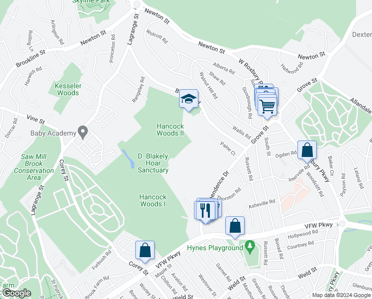 map of restaurants, bars, coffee shops, grocery stores, and more near 178 Gerry Road in Brookline
