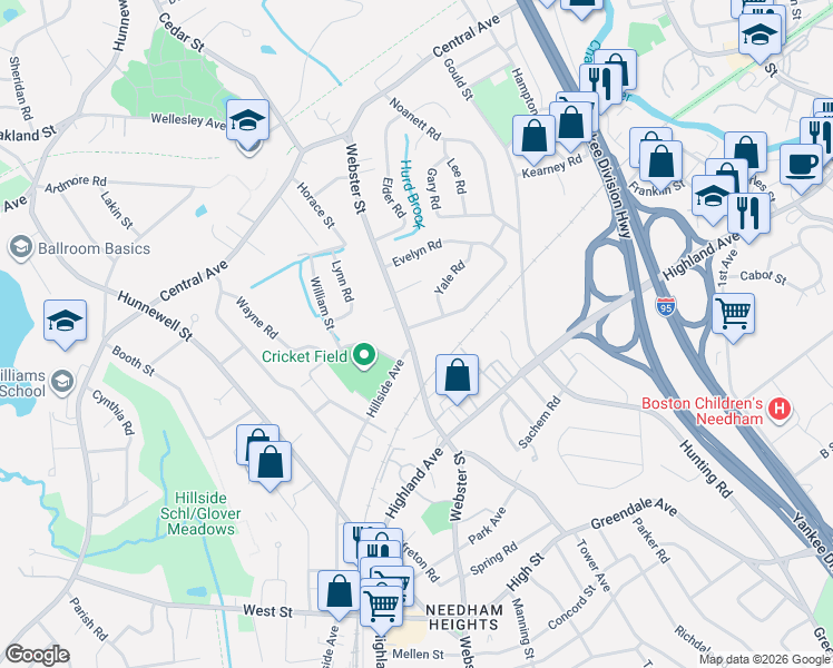 map of restaurants, bars, coffee shops, grocery stores, and more near in Needham
