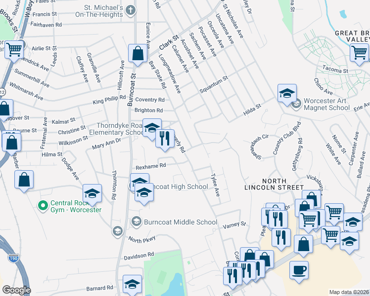 map of restaurants, bars, coffee shops, grocery stores, and more near 279 Beverly Road in Worcester