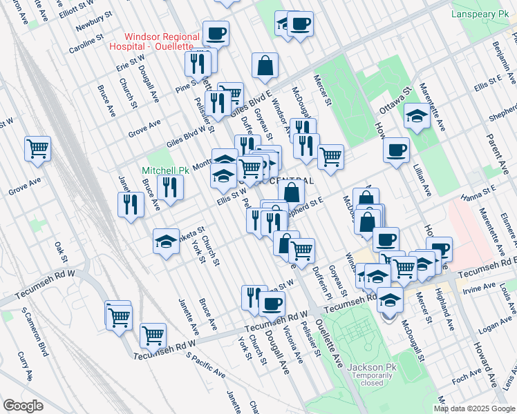 map of restaurants, bars, coffee shops, grocery stores, and more near in Windsor