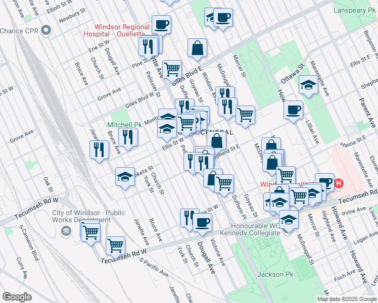 map of restaurants, bars, coffee shops, grocery stores, and more near in Windsor