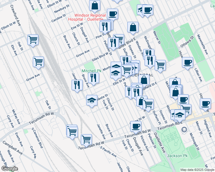 map of restaurants, bars, coffee shops, grocery stores, and more near 1381 Dougall Avenue in Windsor