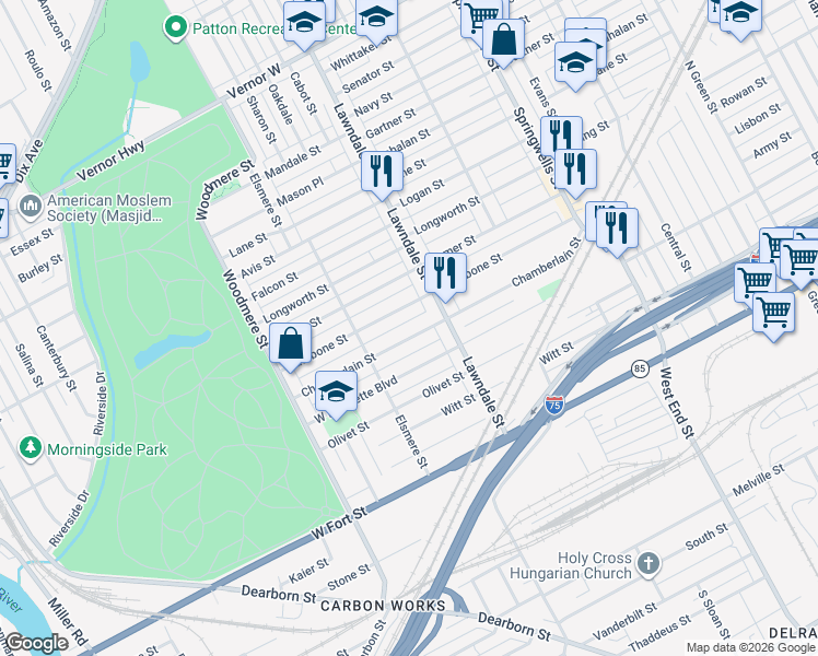 map of restaurants, bars, coffee shops, grocery stores, and more near 8755 Rathbone Street in Detroit