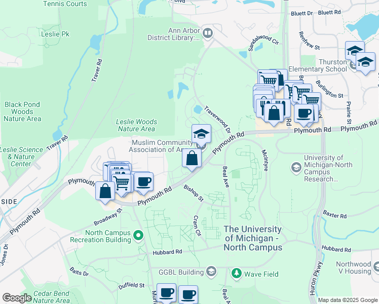 map of restaurants, bars, coffee shops, grocery stores, and more near 1929 Plymouth Road in Ann Arbor