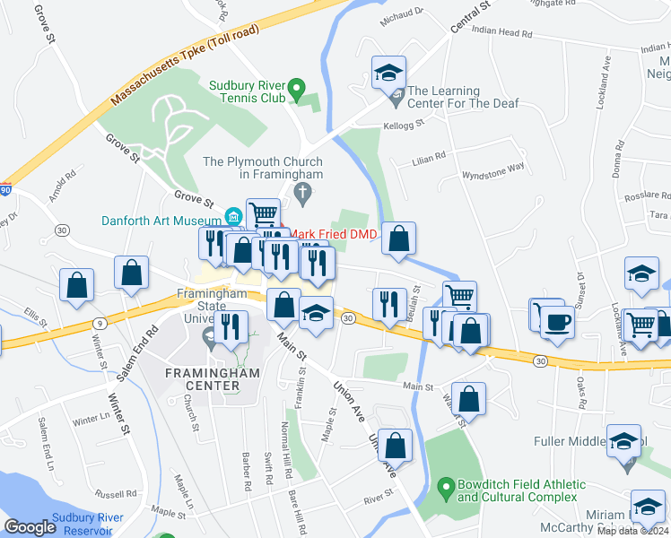 map of restaurants, bars, coffee shops, grocery stores, and more near 39 Auburn Street in Framingham