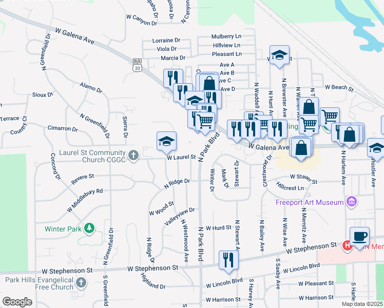 map of restaurants, bars, coffee shops, grocery stores, and more near 1614 West Laurel Street in Freeport
