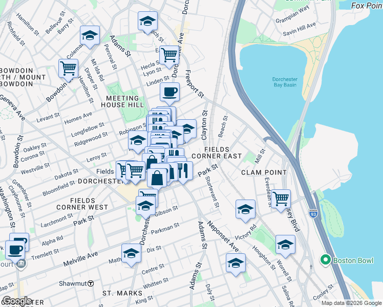 map of restaurants, bars, coffee shops, grocery stores, and more near 3 Harbell Terrace in Boston