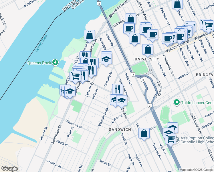 map of restaurants, bars, coffee shops, grocery stores, and more near 3185 Donnelly Street in Windsor