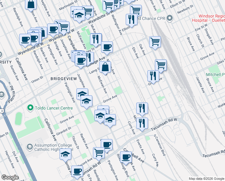 map of restaurants, bars, coffee shops, grocery stores, and more near 1057 Curry Avenue in Windsor