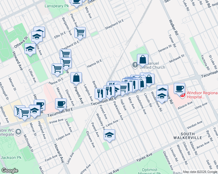 map of restaurants, bars, coffee shops, grocery stores, and more near 1780 Pierre Avenue in Windsor