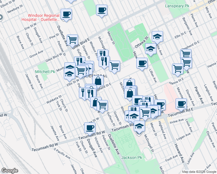 map of restaurants, bars, coffee shops, grocery stores, and more near 192 Shepherd Street East in Windsor