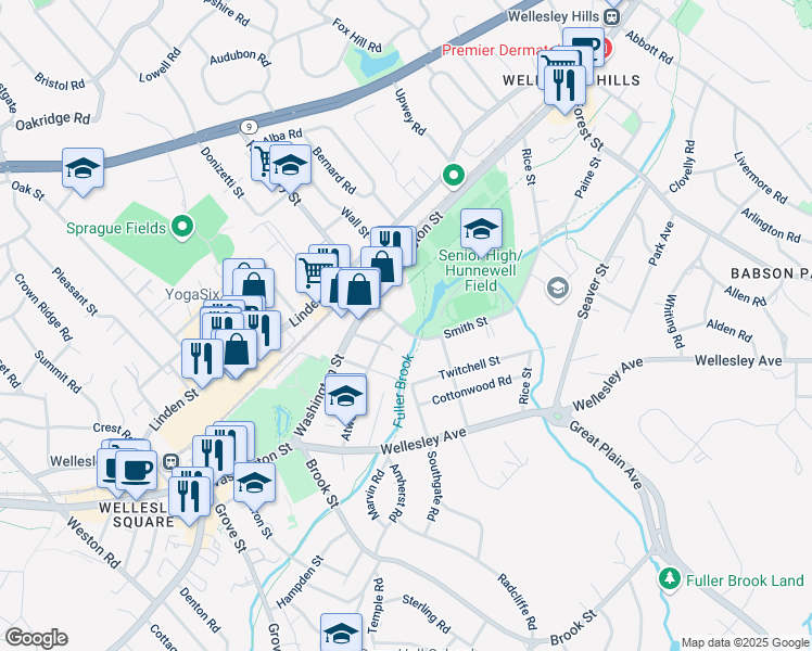 map of restaurants, bars, coffee shops, grocery stores, and more near 24 State Street in Wellesley