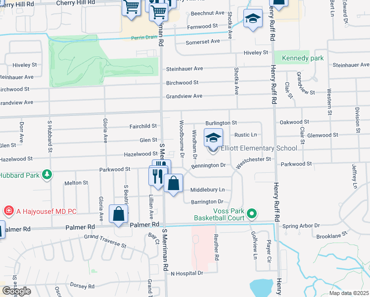 map of restaurants, bars, coffee shops, grocery stores, and more near 1241 Woodbourne Street in Westland