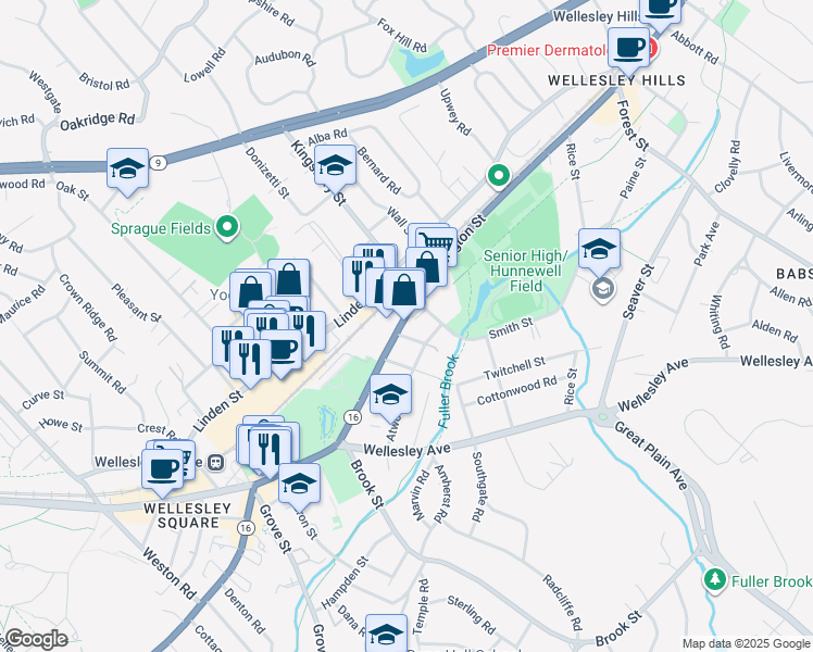map of restaurants, bars, coffee shops, grocery stores, and more near 467 Washington Street in Wellesley