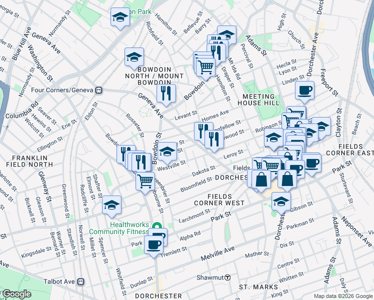 map of restaurants, bars, coffee shops, grocery stores, and more near 57 Corona St in Dorchester Center