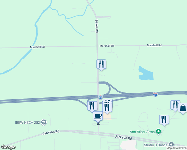 map of restaurants, bars, coffee shops, grocery stores, and more near 705 Baker Road in Dexter