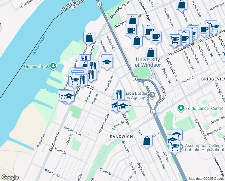 map of restaurants, bars, coffee shops, grocery stores, and more near 3168 Wyandotte Street West in Windsor