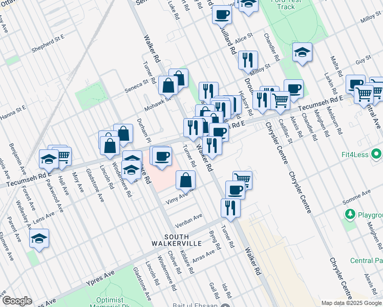 map of restaurants, bars, coffee shops, grocery stores, and more near 2206 Turner Road in Windsor