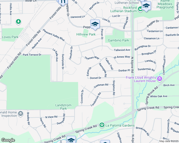 map of restaurants, bars, coffee shops, grocery stores, and more near 3923 Eaton Drive in Rockford