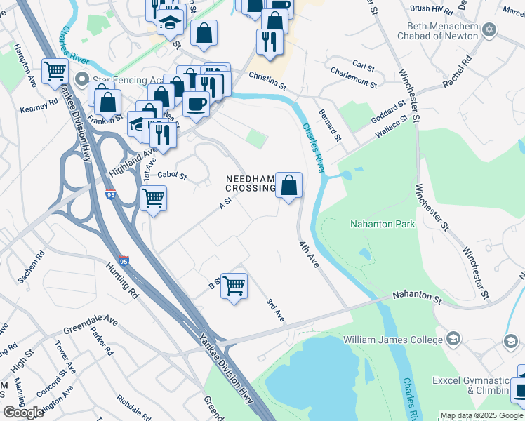 map of restaurants, bars, coffee shops, grocery stores, and more near 275 2nd Avenue in Needham