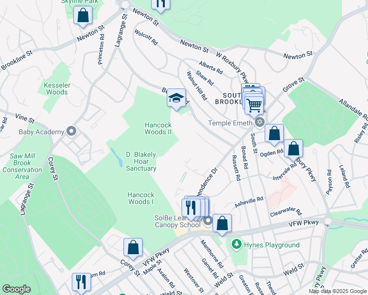 map of restaurants, bars, coffee shops, grocery stores, and more near 178 Gerry Road in Brookline