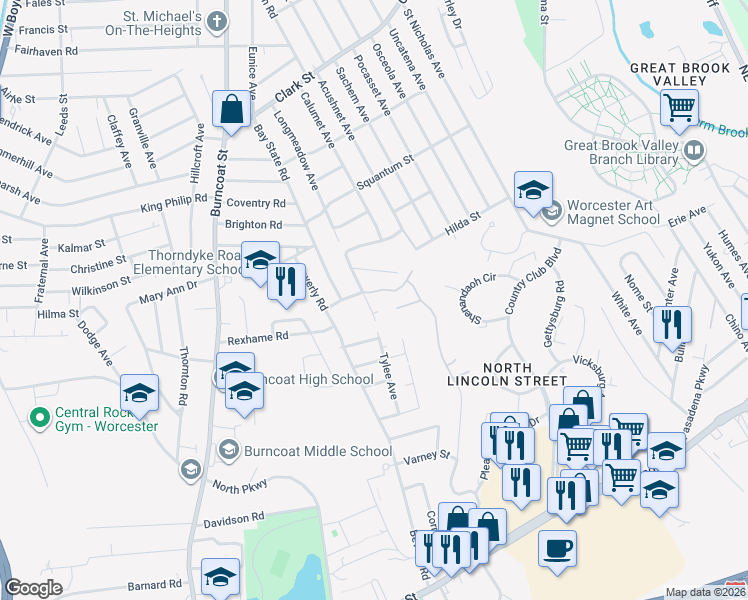 map of restaurants, bars, coffee shops, grocery stores, and more near 131 Longmeadow Ave in Worcester
