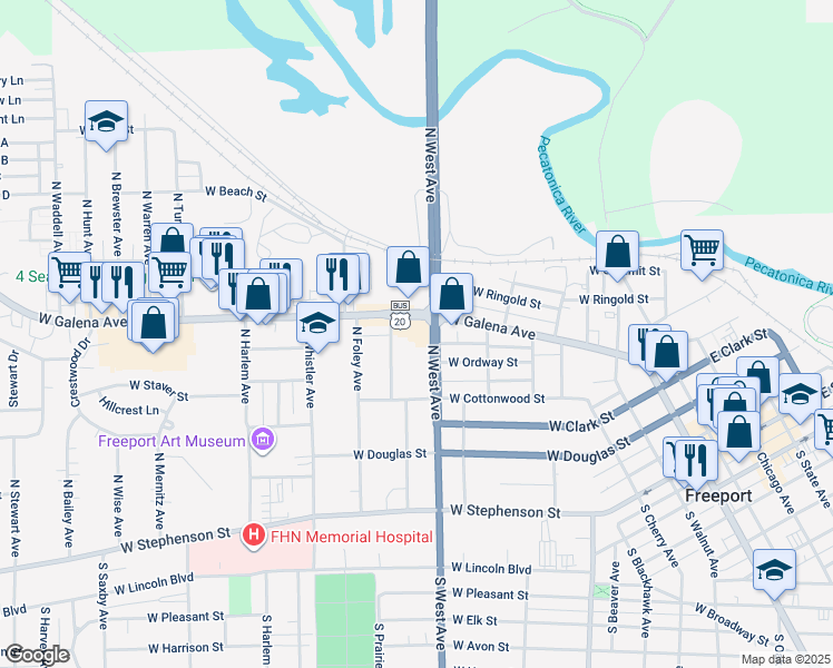 map of restaurants, bars, coffee shops, grocery stores, and more near 835 West Galena Avenue in Freeport