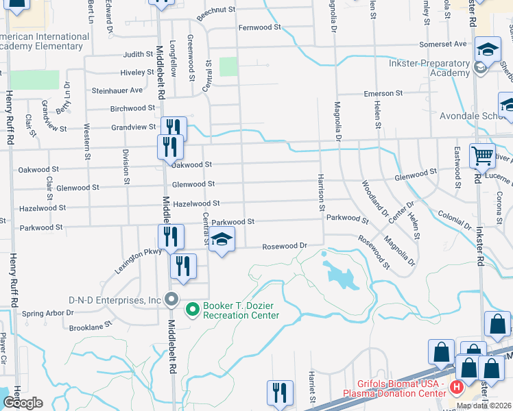 map of restaurants, bars, coffee shops, grocery stores, and more near 28623 Hazelwood Street in Inkster