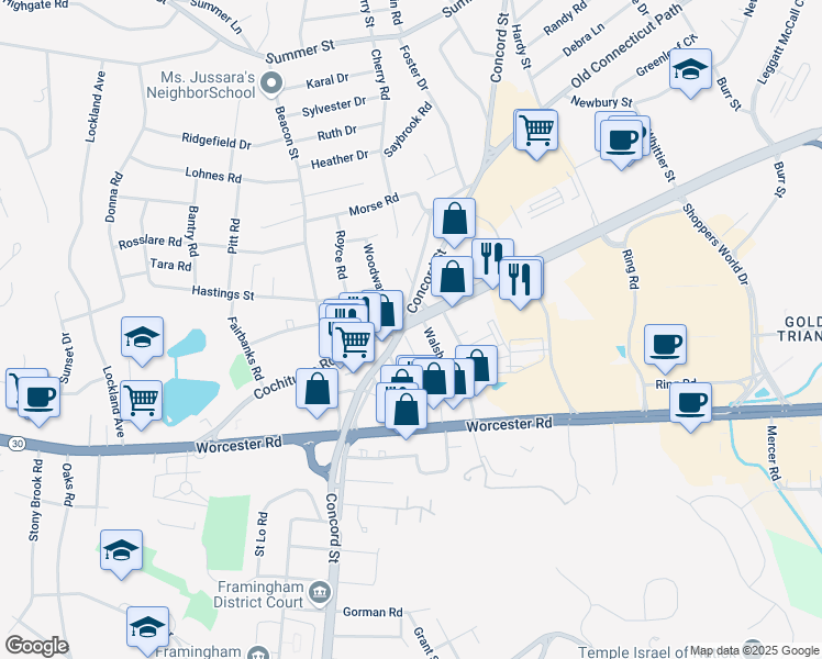 map of restaurants, bars, coffee shops, grocery stores, and more near 199 Cochituate Road in Framingham