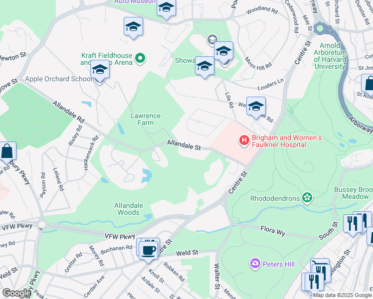 map of restaurants, bars, coffee shops, grocery stores, and more near 100 Allandale Street in Boston