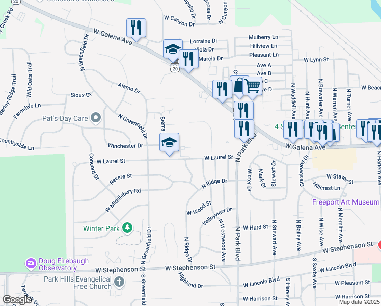 map of restaurants, bars, coffee shops, grocery stores, and more near 1802 West Laurel Street in Freeport