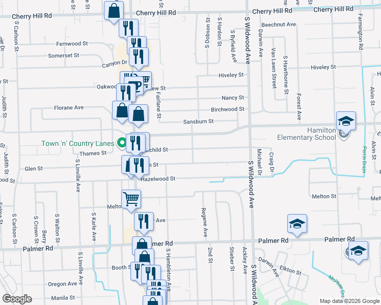map of restaurants, bars, coffee shops, grocery stores, and more near 35011 Fairchild Street in Westland