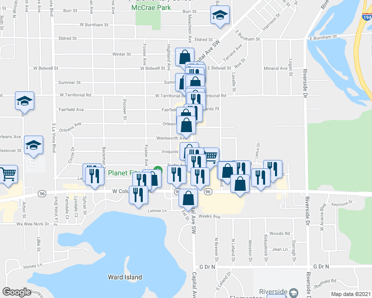 map of restaurants, bars, coffee shops, grocery stores, and more near 720 Capital Avenue Southwest in Battle Creek