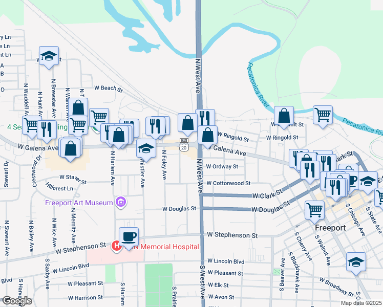map of restaurants, bars, coffee shops, grocery stores, and more near 835 West Galena Avenue in Freeport