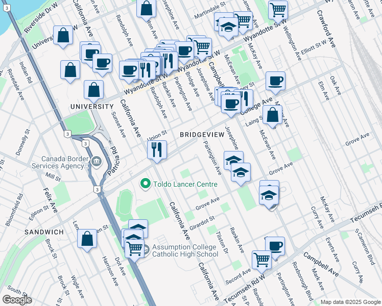map of restaurants, bars, coffee shops, grocery stores, and more near 2128 Vercheres Avenue in Windsor