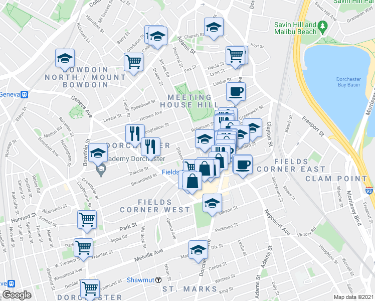 map of restaurants, bars, coffee shops, grocery stores, and more near 41 Ditson Street in Boston