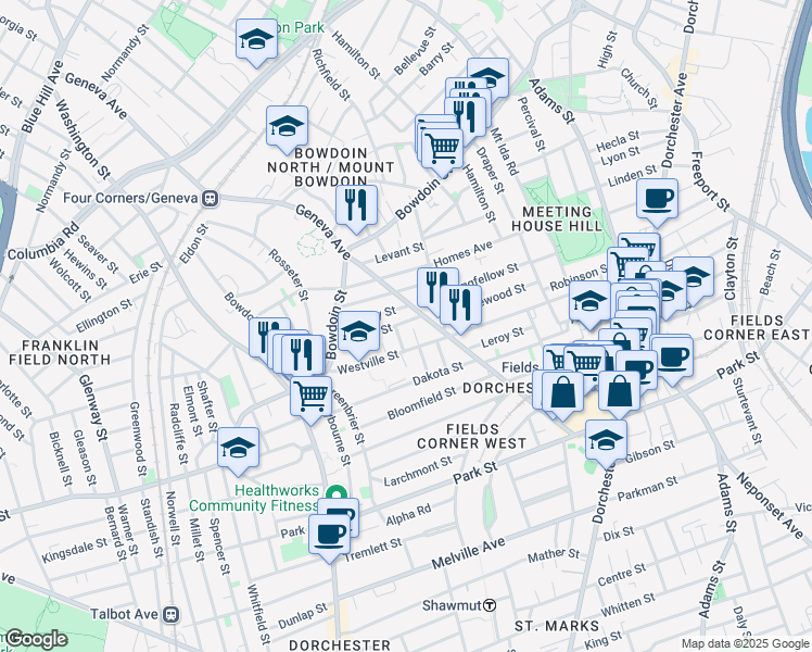 map of restaurants, bars, coffee shops, grocery stores, and more near 379 Geneva Avenue in Boston