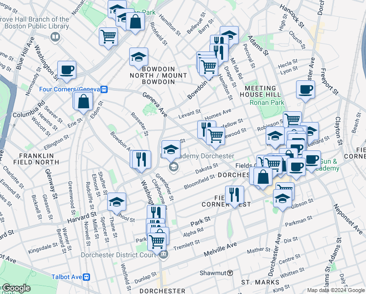 map of restaurants, bars, coffee shops, grocery stores, and more near 23 Oakley Street in Boston