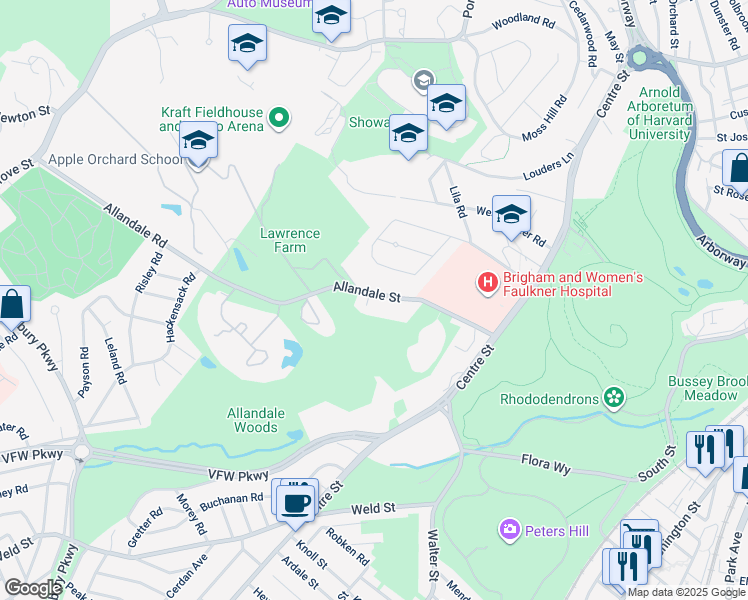 map of restaurants, bars, coffee shops, grocery stores, and more near 100 Allandale Street in Boston