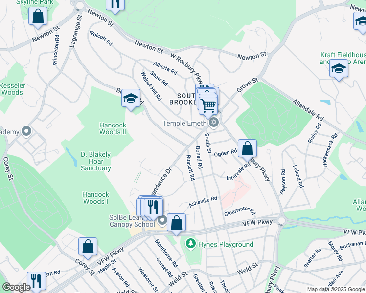 map of restaurants, bars, coffee shops, grocery stores, and more near 296 Beverly Road in Brookline